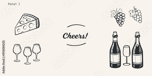 A sketch of cheese grapes wine glasses and bottles with a toast