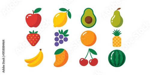 A collection of colorful flat vector illustrations featuring various healthy and fresh fruits icons