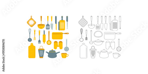 A collection of colorful flat design kitchen utensils displayed alongside their line art counterparts