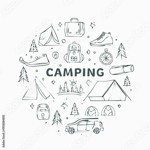 Camping elements set outline sketch vector illustration