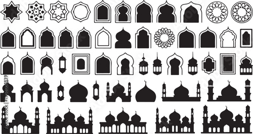 Islamic architecture and design elements including mosque silhouettes and ornate patterns