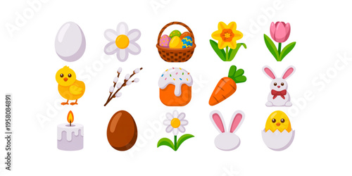 Collection of colorful easter holiday icons featuring traditional symbols like eggs and rabbits