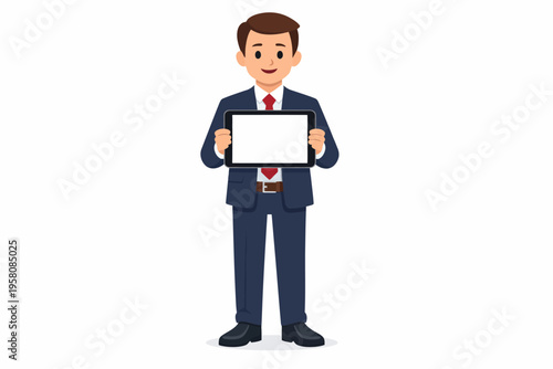 Young caucasian male in suit holding blank tablet with confident smile