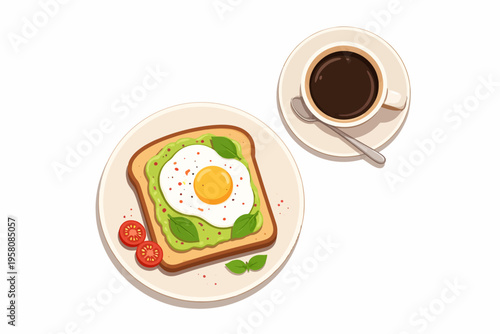 Avocado toast with fried egg and coffee on white background