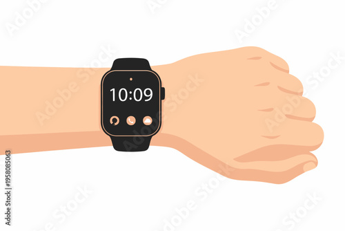 Black smartwatch displaying 10:09 with icons on male wrist