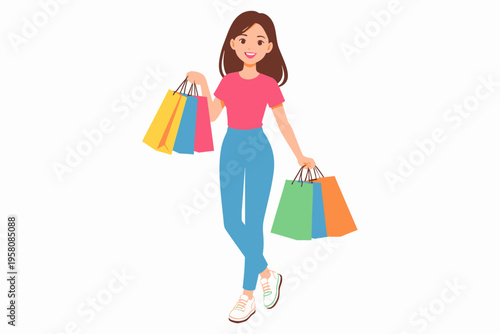 Young caucasian female in casual attire holding colorful shopping bags