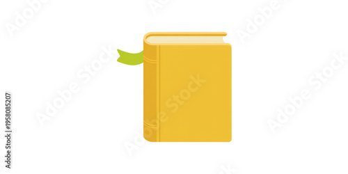 A closed yellow hardcover book with a decorative lime green ribbon bookmark sticking out the side