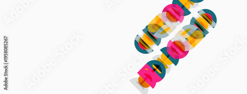 Colorful text arrangement dominates white space. Letters overlap, creating abstract visual impact. Design feels modern, playful.