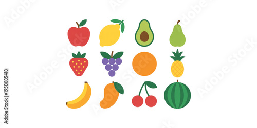 A collection of colorful flat vector icons representing a variety of fresh and healthy fruit items
