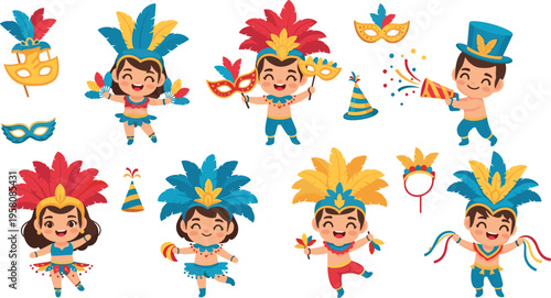 Carnival kids in colorful costumes with masks, feathers and party elements cartoon vector illustration set