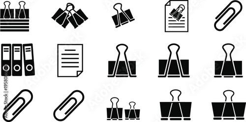 Office supplies icon set, binder clip symbols, paper clip illustration, file folder graphic, stationery design collection, organizational tools silhouette