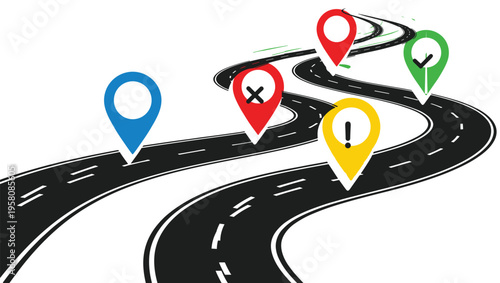Winding road with location markers, journey path illustration, progress checkpoints graphic, milestone navigation design, decision point silhouette