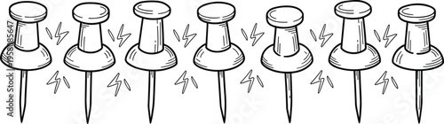 Push pin icons set, office supply symbols, bulletin board illustration, stationery design graphic, pin tool silhouette collection