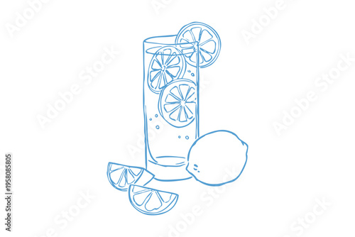 Hand drawn illustration of a glass of lemonade with lemon slices and a whole lemon