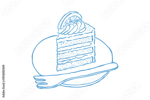 Hand drawn sketch of a slice of cake with a lemon slice on top and a fork on a plate