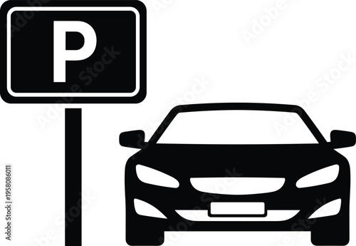 Car parking icon, vehicle front view symbol, designated parking area illustration, urban traffic signage graphic, automobile parking zone design