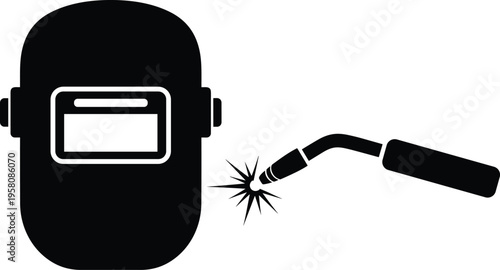 Welding helmet safety, protective gear icon, welding torch sparks, industrial work symbol, metal joining process, fabrication safety illustration
