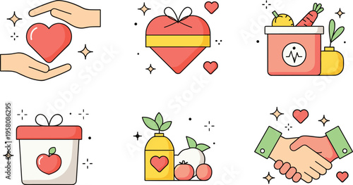 Charity and donation set with helping hands, food support and giving concepts, kindness and community aid cartoon vector illustration collection
