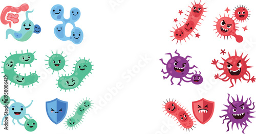 Cartoon bacteria and virus characters with immune system defense, cute microbes and germs flat vector illustration collection for healthcare and education design