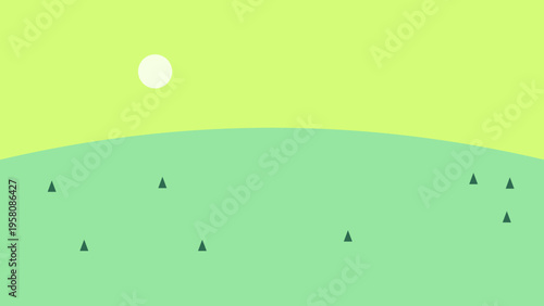 Vector landscape illustration with green hill and sun