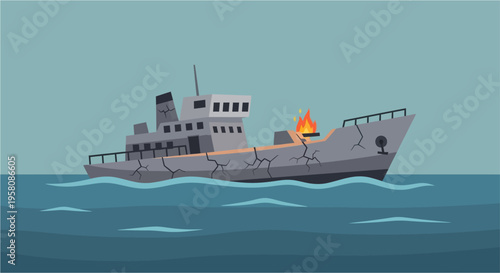 Illustration of a damaged, sinking cargo ship with fire on deck in the middle of the ocean.