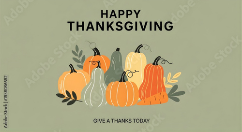 A colorful Thanksgiving graphic with pumpkins and leaves on a green background