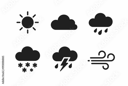 Weather icons: sun, cloud, rain, snow, thunderstorm, wind symbols set
