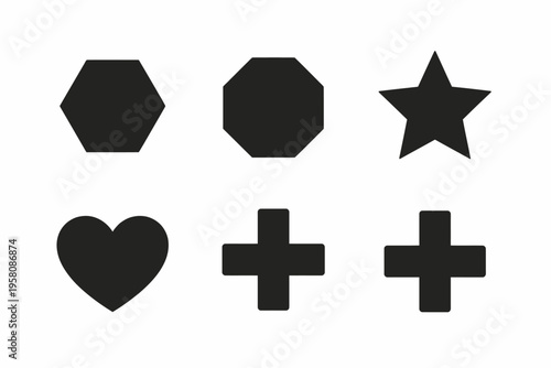 Hexagon octagon star heart plus symbol set in black silhouette design