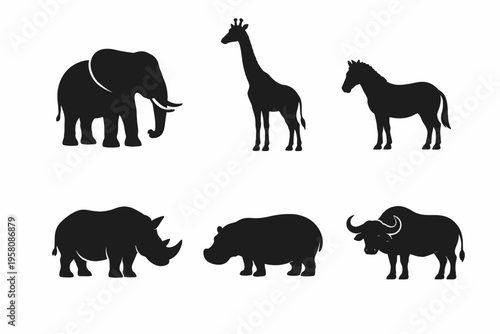 Silhouettes of african wildlife: elephant, giraffe, zebra, rhino, hippo, buffalo