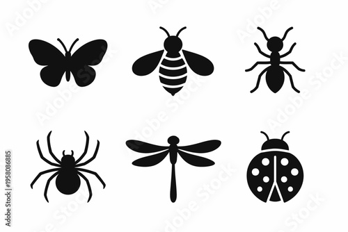 Silhouettes of various insects: butterfly, bee, ant, spider, dragonfly, ladybug