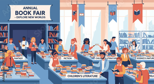 Diverse group of people browsing books at an annual book fair event.