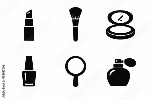 Cosmetic icons: lipstick, brush, compact, nail polish, mirror, perfume