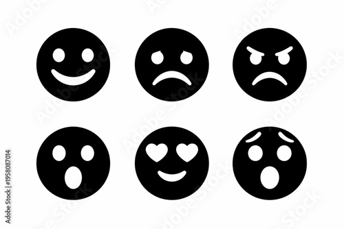 Set of six black emoji icons showing different facial expressions