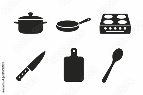 Cooking utensil icons: pan, stove, knife, spoon, pot, cutting board