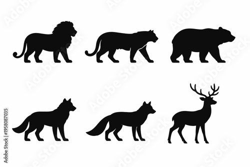 Silhouettes of wild animals: lion, tiger, bear, wolf, and deer
