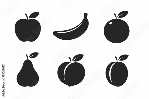 Silhouette icons of apple banana orange pear peach plum fruits