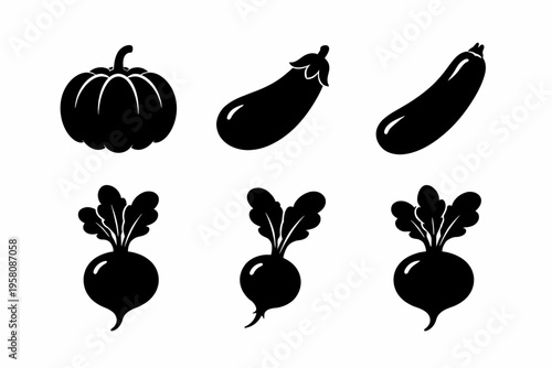 Silhouette icons of pumpkin, eggplant, zucchini, and radishes on white background