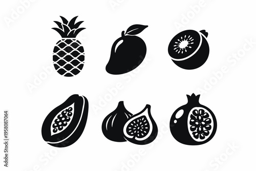 Black and white fruit silhouettes: pineapple, mango, kiwi, papaya, fig, pomegranate