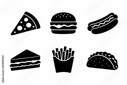 Silhouette icons of fast food: pizza, burger, hot dog, sandwich, fries, taco
