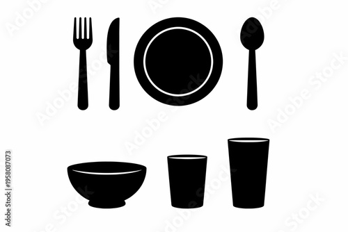 Minimalistic black silhouette of dining utensils and crockery