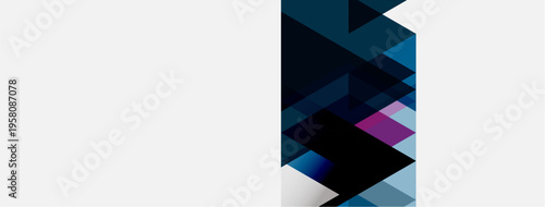 Abstract geometric shapes, blues, purples dominate. Minimalist design, clean lines, modern aesthetic. Composition focuses right side.