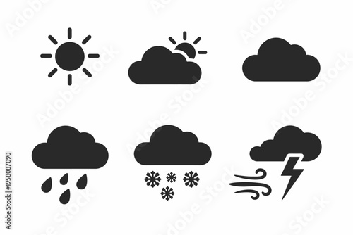 Weather icons set: sun, clouds, rain, snow, wind, and storm symbols