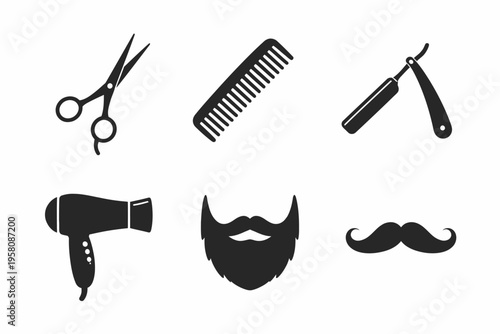 Barber shop tools icons: scissors, comb, razor, hairdryer, beard, mustache