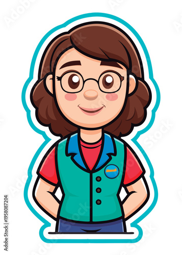 Friendly worker in teal uniform.