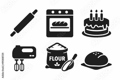 Baking essentials icons set: rolling pin, oven, cake, mixer, flour, bread