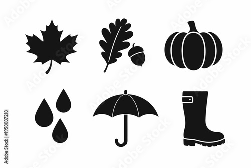 Autumn icons: maple leaf, acorn, pumpkin, rain drops, umbrella, boot silhouettes
