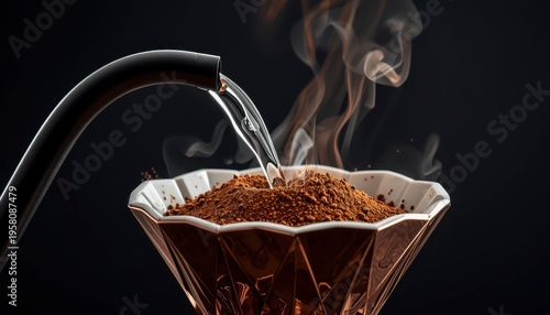 Close-up of hot water pouring from a gooseneck kettle into coffee grounds in a luxury geometric bronze dripper with rising steam on a dark background.