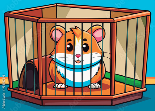 Cute hamster in a wooden cage.