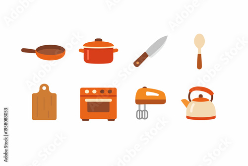 Colorful kitchen utensils and appliances collection on white background