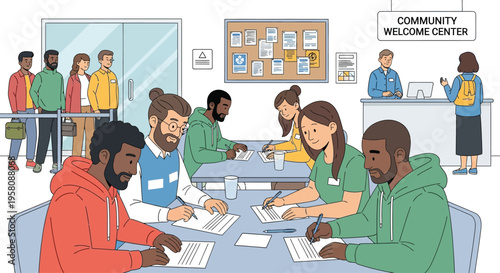 Diverse group of people collaborating at tables.